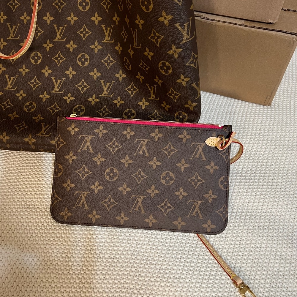 Louis Vuitton Monogram Canvas Brown Clutch with Pink Trim